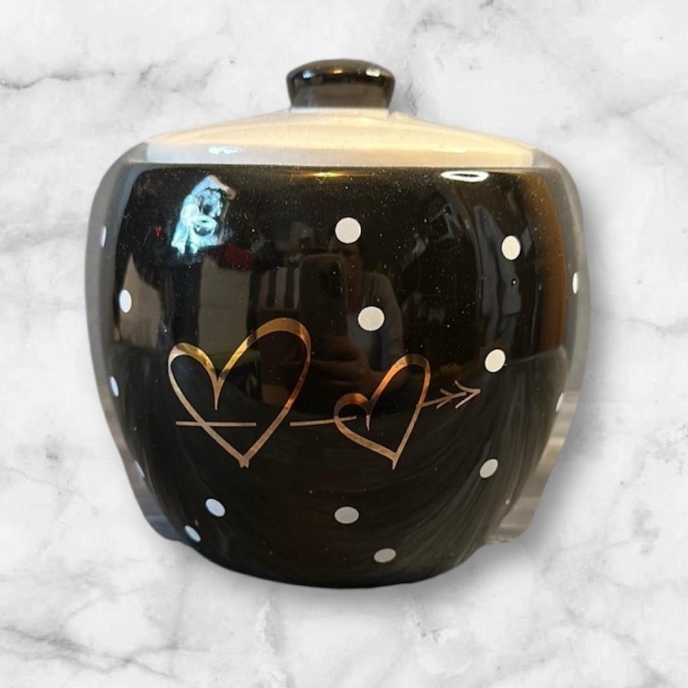 Hobby Lobby Black Ceramic jar with lid white polka dots and gold hearts